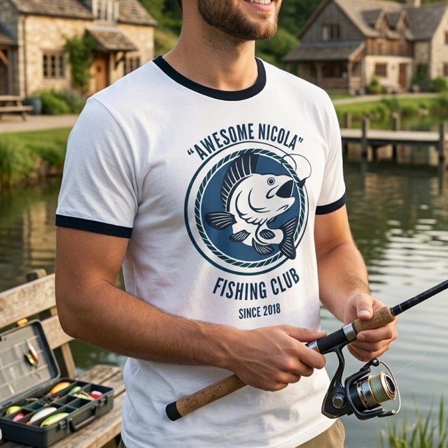 Camiseta de Manga Longa Clube de Pesca Ano de Fund (Fishing Club Est Year Retro Ringer T-Shirt)