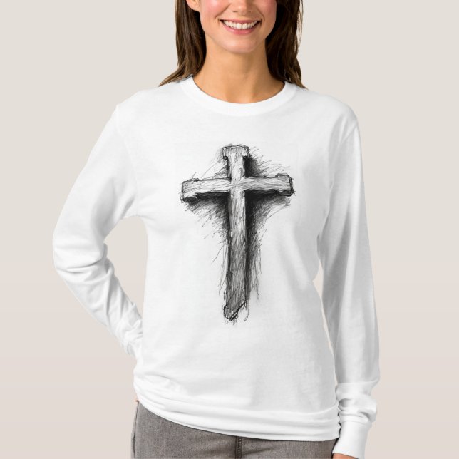 Camiseta de manga longa com cruz cristã ousada par (Frente)