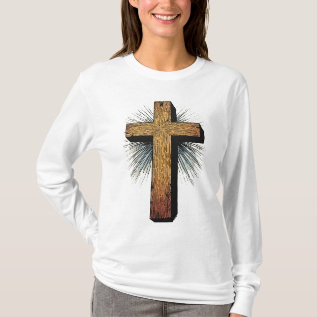 Camiseta de manga longa com cruz cristã ousada par (Frente)