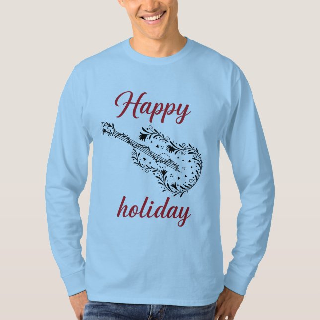 Camiseta de Manga Longa com Texto de Feliz Feriado (Frente)