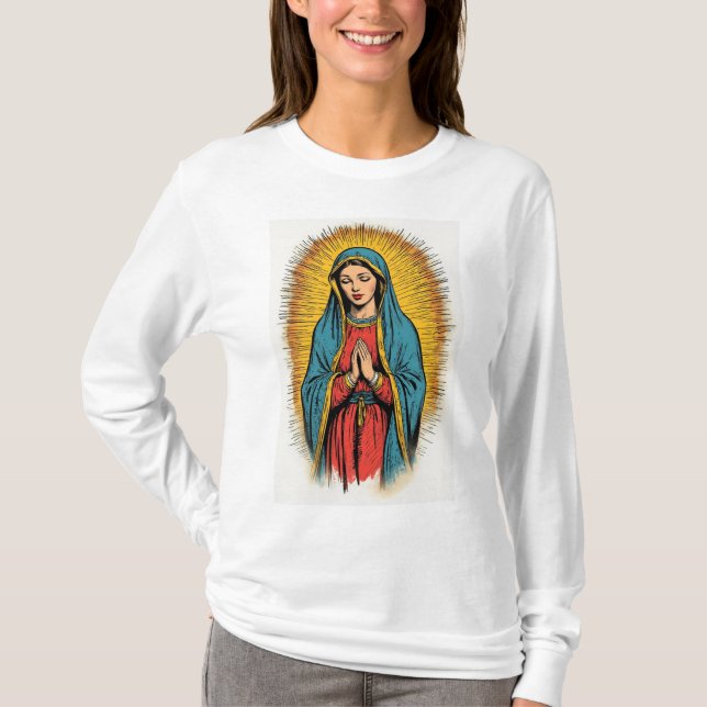 Camiseta de manga longa feminina retrô Virgem Mari (Frente)
