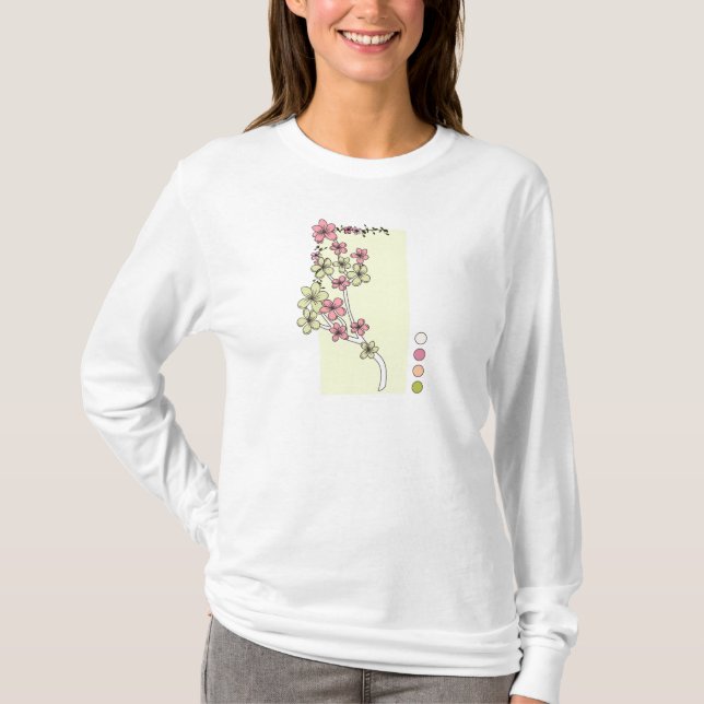 Camiseta de Manga Longa Flores Rosa Verde (Frente)