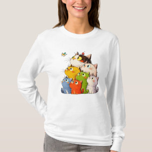Camiseta de Manga Longa Gatos Curiosos Coloridos