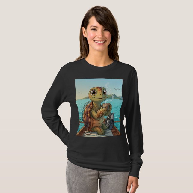 Camiseta de Manga Longa Tartaruga Fofa Bebendo Caf (Frente Completa)