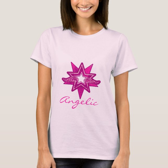 Camiseta de matizes rosa-quente das estrelas Angél (Frente)