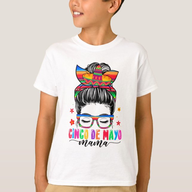 Camiseta De Mayo Mama Messy Bun Hair Mexicano Mãe Mãe Da (Frente)