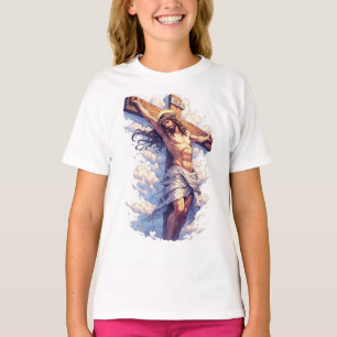 Camiseta de menina cristã Jesus na Cruz