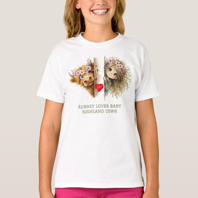 Camiseta de Menina Curiosa e Vaca Bebê das Terras  (Frente)