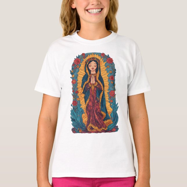 Camiseta de Menina da Virgem de Guadalupe Fofa (Frente)
