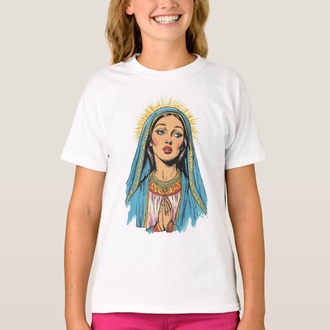 Camiseta de Menina Estilo Retrô Virgem Maria (Frente)