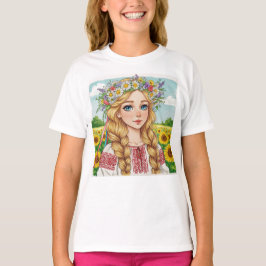 Camiseta de Menina Ucraniana Feliz com Coroa de Fl