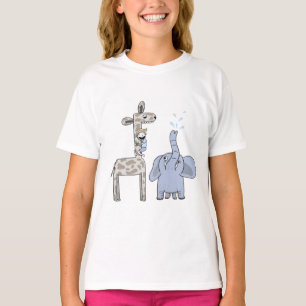 Camiseta de Meninas com Girafa e Elefante Fofos
