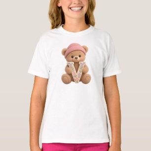 Camiseta de meninas com urso de pelúcia inicial V