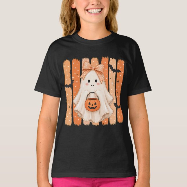 Camiseta de Meninas Fantasmas de Halloween Fofa (Frente)