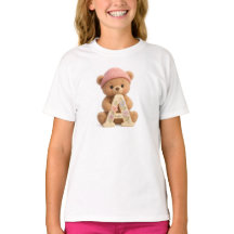 Camiseta de Meninas Floral Inicial Urso de Pelúcia