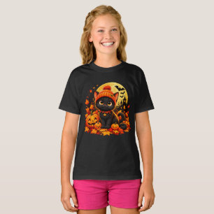 Camiseta de Meninas Gato Preto de Halloween Fofo