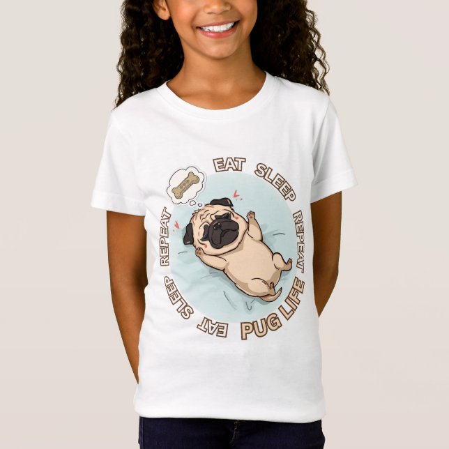 Camiseta de Meninas Pug Adorável Dormindo | Comer  (Frente)
