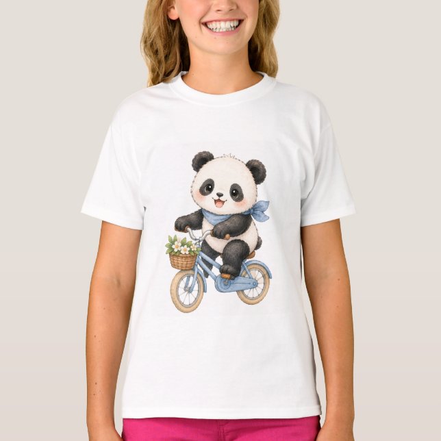 Camiseta de Meninas Urso Panda Fofo Andando de Bic (Frente)