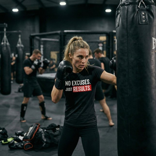 Camiseta de Motivação para Academia Sem Desculpas, (No excuses. Just results. Built for those who show up every day.)