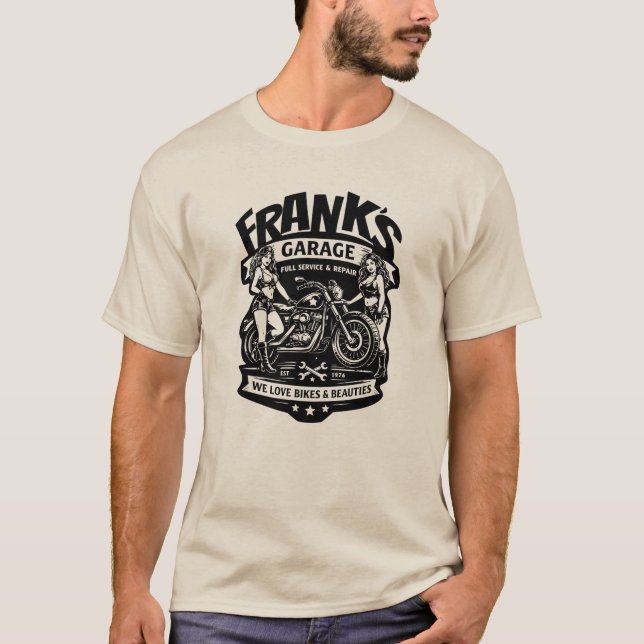 Camiseta de Moto Antiga com Pin-Up da Frank's Gara (Frente)