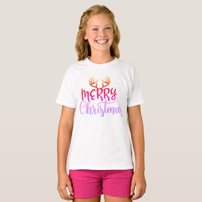 Camiseta de Natal com Chifres para Meninas (Frente Completa)