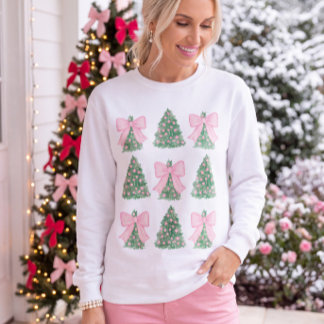 Camiseta de Natal com Laços Rosa Preppy e Árvores
