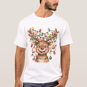 Camiseta de Natal com Rena Emaranhada em Luzes de