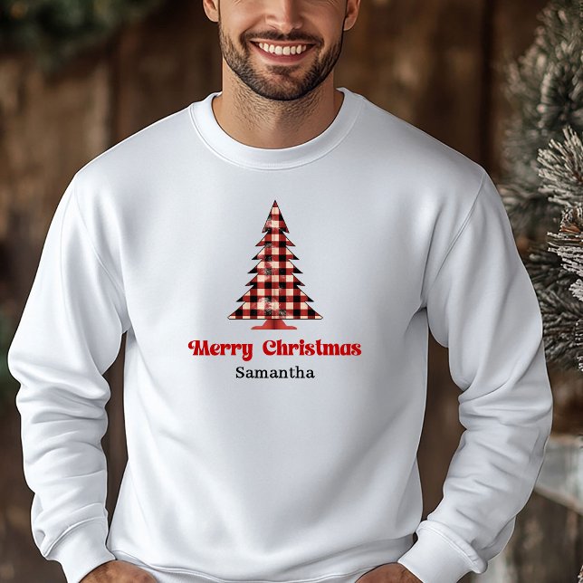 Camiseta de Natal de árvore xadrez personalizada e (Stylish Custom Name Plaid Tree Christmas Sweatshirt)