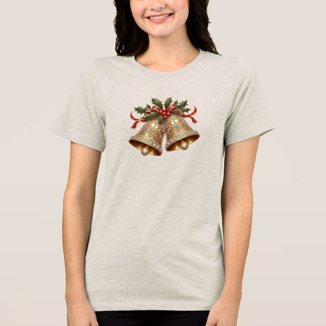 Camiseta de Natal Dourada Feriado Camiseta de Mulh (Frente)