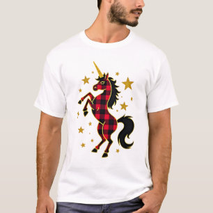 Camiseta de Natal Unicórnio Xadrez Búfalo Vermelho