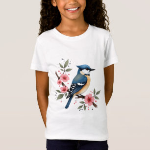 Camiseta de Pássaro Azul e Branco em Aquarela
