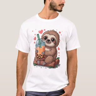 Camiseta de Preguiça Kawaii Bebendo Chá de Boba