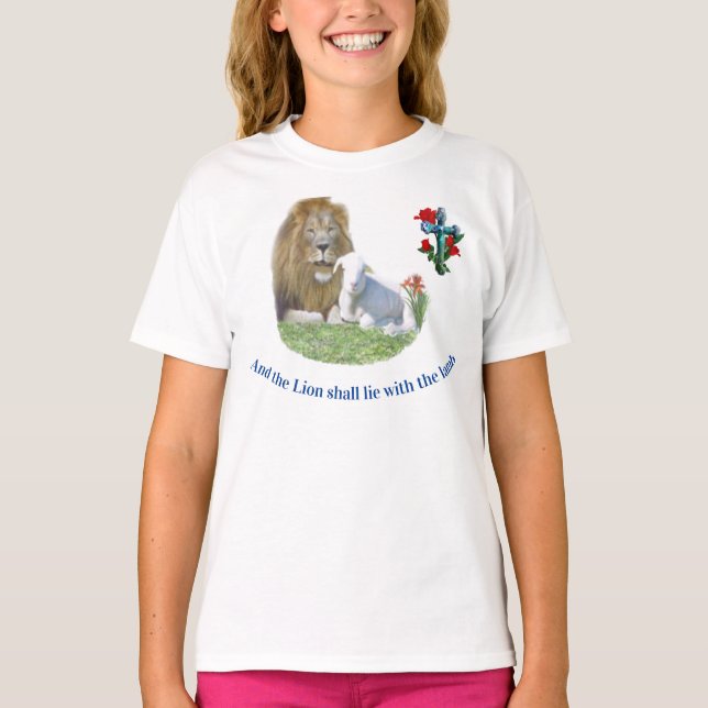 Camiseta de presentes cristãos Leão e o cordeiro (Frente)