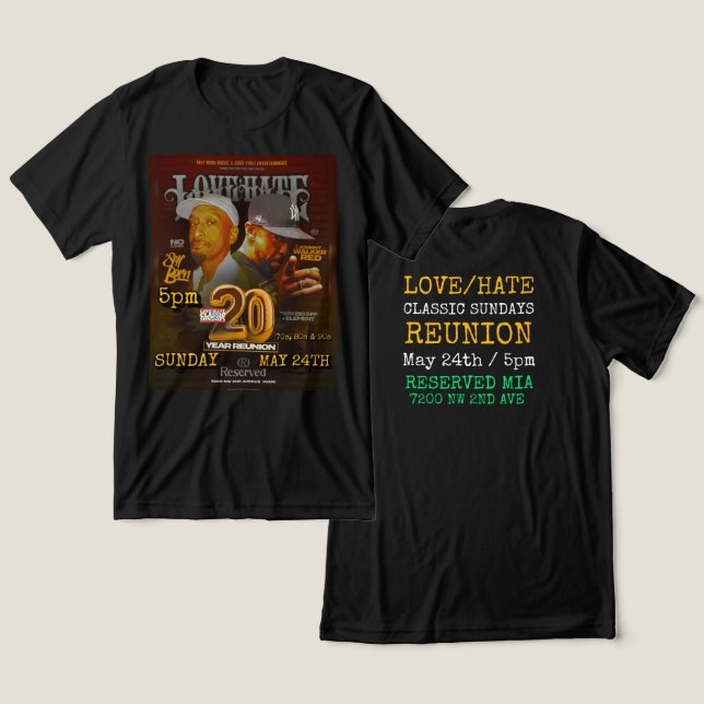 Camiseta de Reunião LOVE/HATE CLASSIC SUNDAYS (Design Frente e Verso)