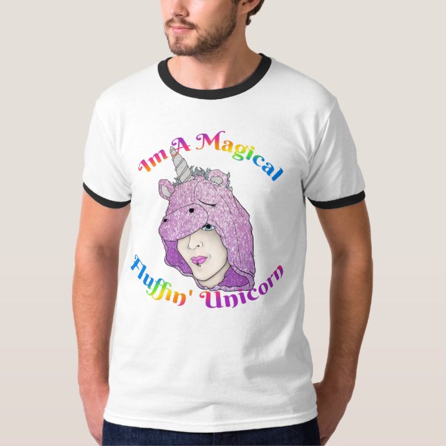 Camiseta de Ringer Básica de Fluffin Unicorn Mascu (Frente)