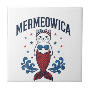 Camiseta de sereia de gato patriota Mermeowica Des