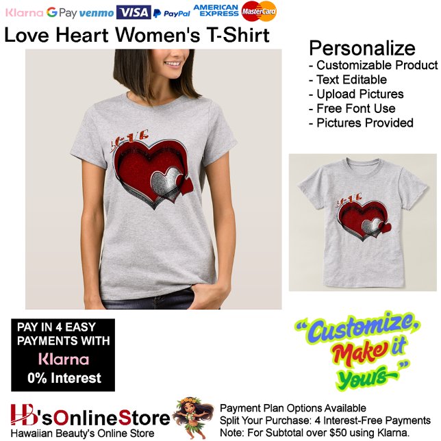 Camiseta de T-Shirt de Aço Leve-Cardíaca (Love Heart Women's T-Shirt with Gray Background.)