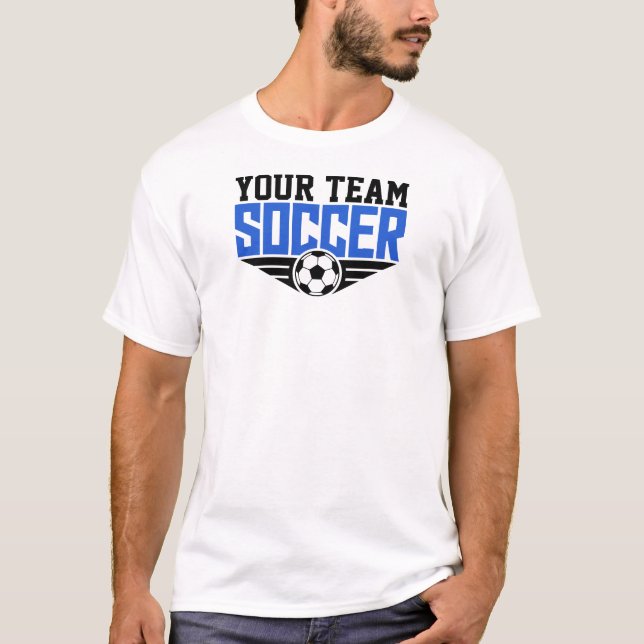 Camiseta de texto azul da equipe de futebol person (Frente)