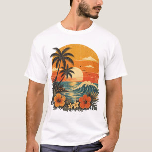 Camiseta de Verão com Pôr do Sol Tropical Retro &