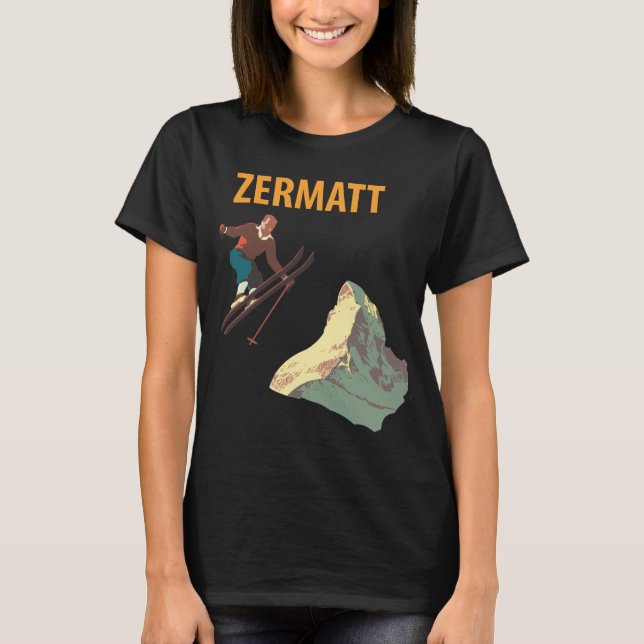 Camiseta de viagem retrô de esqui Zermatt Suíça (Frente)