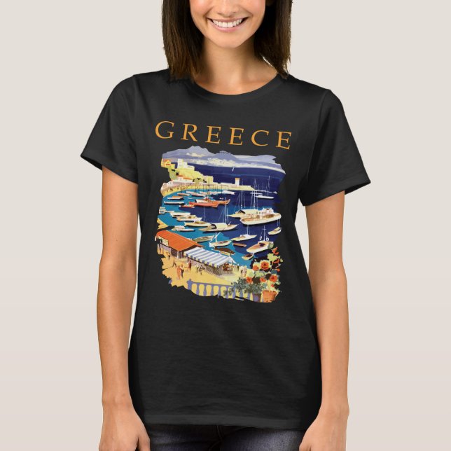 Camiseta de Viagem Retro do Porto da Ilha Grega (Frente)