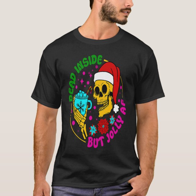 Camiseta Dead Inside But Jolly AF Santa Skeleton Coffee Chr (Frente)