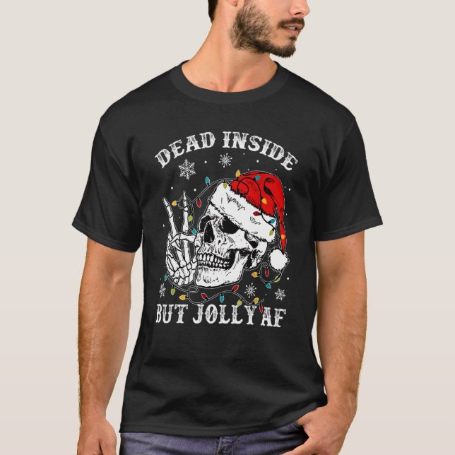 Camiseta Dead Inside But Jolly Af Skull Santa Light Skeleto (Frente)