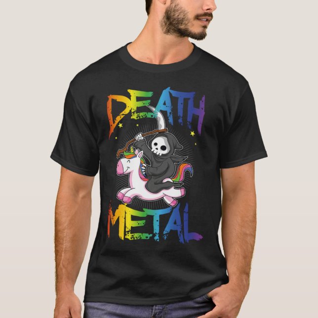 Camiseta Death Metal Grim Reaper Rides Unicorn Halloween Re (Frente)