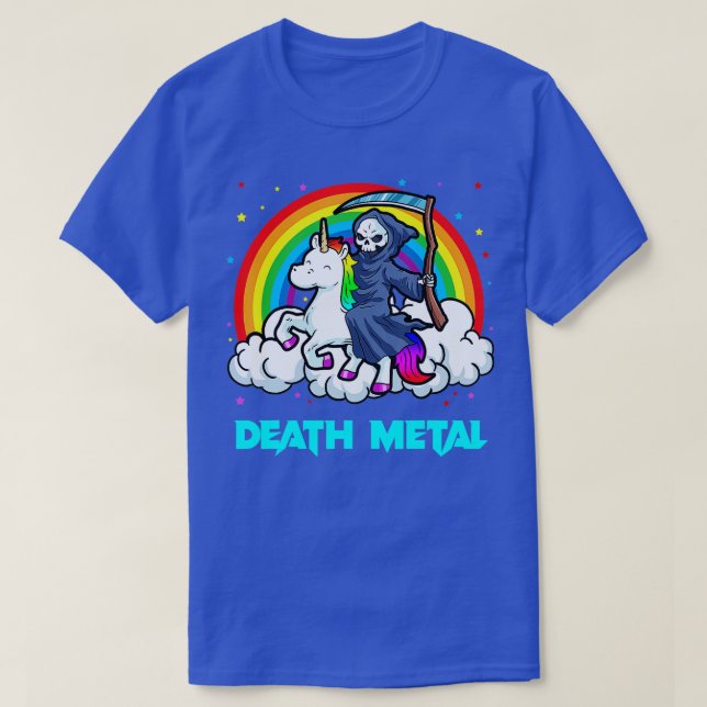 Camiseta Death Metal s Unicorn Rainbow Grim Reaper Heavy Me (Frente do Design)