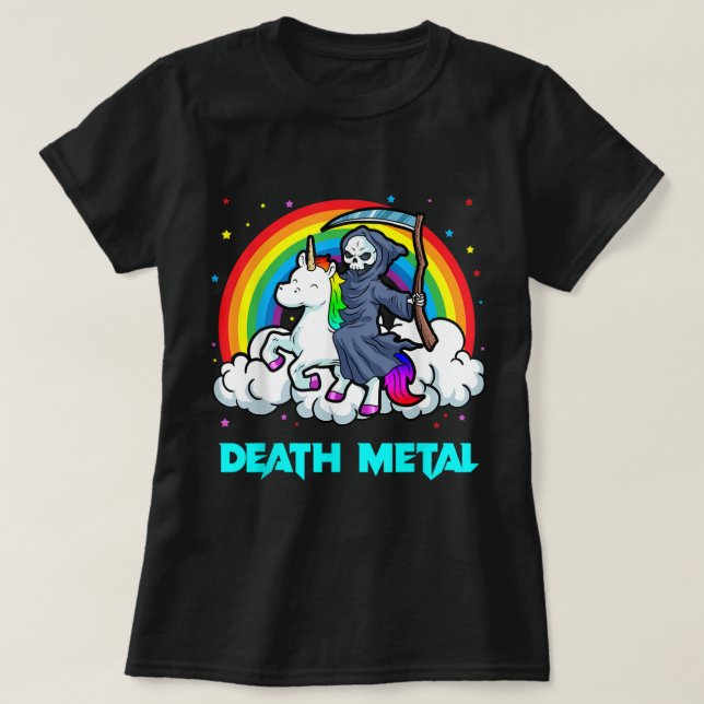 Camiseta Death Metal Shirts Unicorn Rainbow Grim Reaper Hea (Frente do Design)