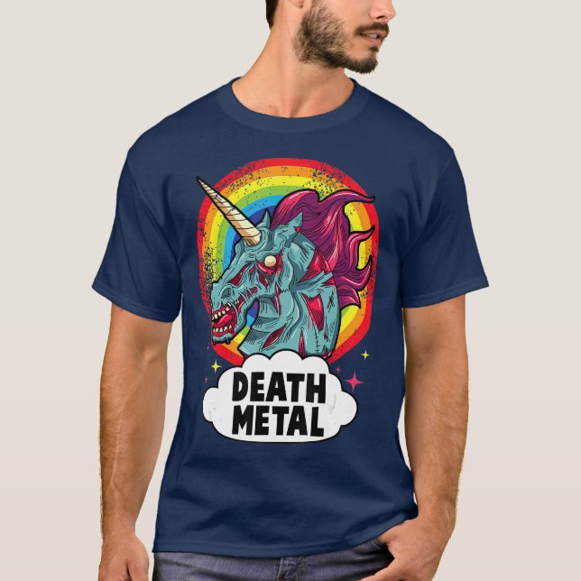 Camiseta Death Metal Unicorn Rainbow Rocker Emo Zombie (Frente)