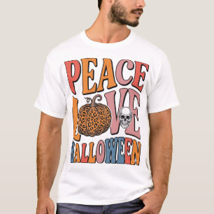 Camiseta Decoração de Halloween Vintage Paz Amor Abóbora Ca