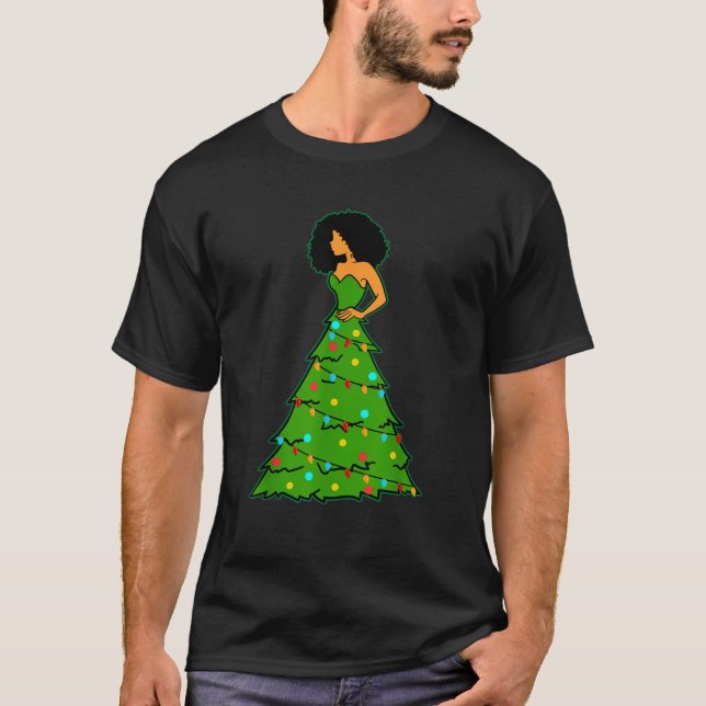 Camiseta Decoração de Natal da Mulher Africana Americana (Frente)