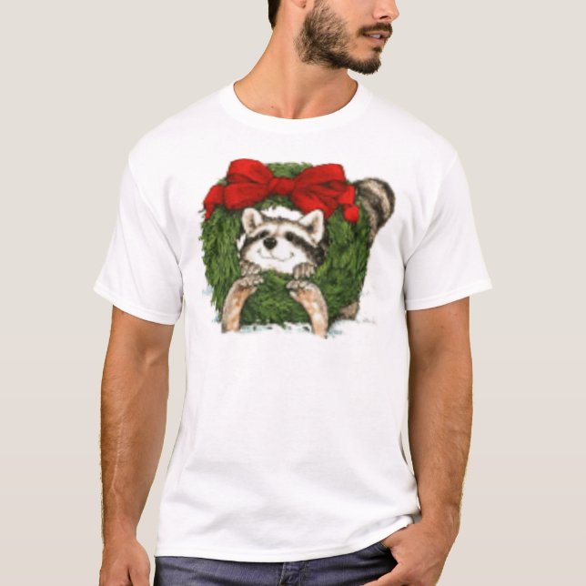 Camiseta Decoração e guaxinim da grinalda do Natal (Frente)